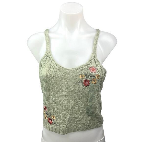 Crave Fame Green Open Knit Crochet Embroidered Floral Crop Camisole Tank Top S - Picture 1 of 5